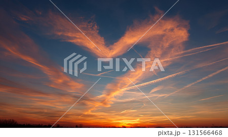 夕焼け空に浮かぶハートの飛行機雲 夕焼け空に浮かぶハートの飛行機雲 131566468