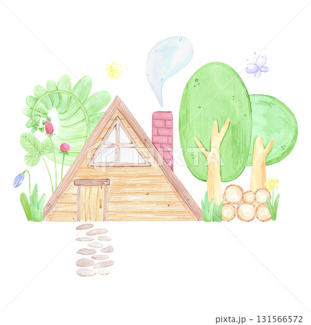 Hand drawn watercolor wooden house in the forest composition. Illustration isolated on white background. Can be used for postcard, label, scrapbook and other printed products. 131566572