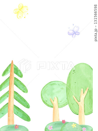Hand drawn watercolor trees and butterflies postcard frame border. Illustration of green forest isolated on white background. Can be used for postcard, label, scrapbook and other printed products. Hand drawn watercolor trees and butterflies postcard frame border. Illustration of green forest isolated on white background. Can be used for postcard, label, scrapbook and other printed products. 131566598