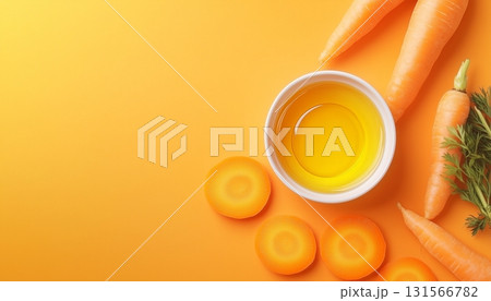 Carrot oil extract natural essential extract on bowl copy space yellow background Carrot oil extract natural essential extract on bowl copy space yellow background 131566782