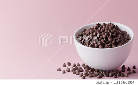 Chocolate chips pile on ceramic white bowl pink background Chocolate chips pile on ceramic white bowl pink background 131566804