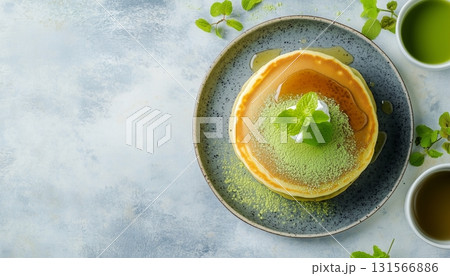 Sweet pancake with matcha cream topping on plate for simple breakfast 131566886