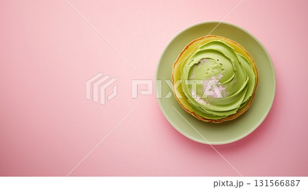 Sweet pancake with matcha cream topping on plate for simple breakfast 131566887