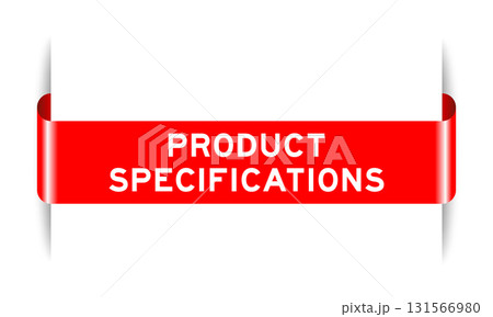 Red color inserted label banner with word product specification on white background Red color inserted label banner with word product specification on white background 131566980