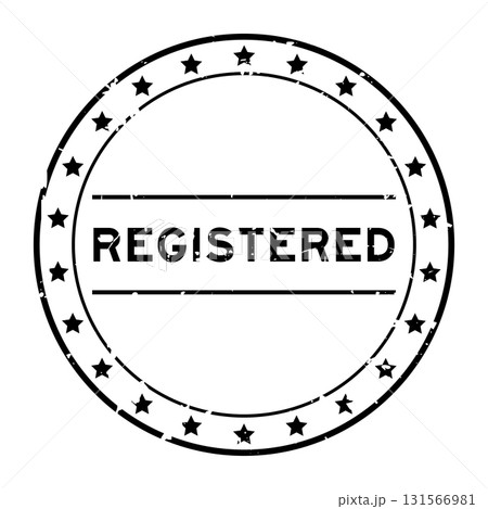 Grunge black registered word round rubber seal stamp on white background 131566981