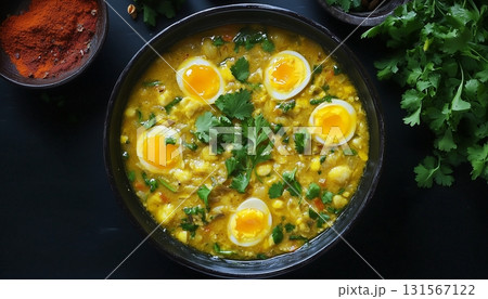 Egg boiled curry soup spicy meal for lunch on bowl Egg boiled curry soup spicy meal for lunch on bowl 131567122