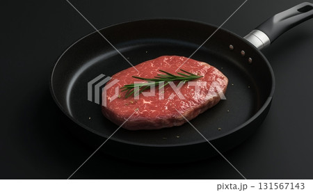 Red meat steak beef slice on black frying pan un cook with rosemary leaf 131567143