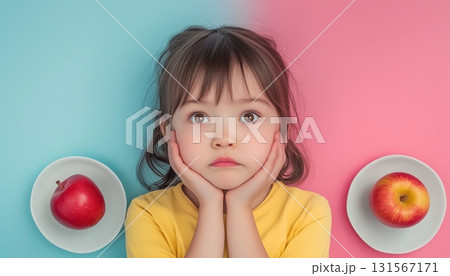 A little girl real with two apples on white plate eating real food for healthy life style A little girl real with two apples on white plate eating real food for healthy life style 131567171