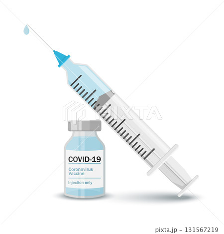 Medical vials for injection with a syringe. Covid-19 Coronavirus concept. vaccine vial and syringe. pandemic covid-19 outbreak. isolated icon. flat vector illustration Medical vials for injection with a syringe. Covid-19 Coronavirus concept. vaccine vial and syringe. pandemic covid-19 outbreak. isolated icon. flat vector illustration 131567219