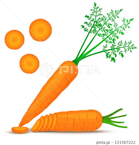 Bright vector set of colorful half, slice and whole of carrot. Fresh cartoon vegetable isolated on white background. Illustration used for magazine, book, poster, card, menu cover, web pages. 131567222