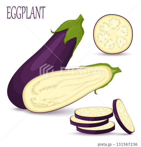 Eggplant set isolated on white background. Whole, slice, half of fresh aubergine. Vector ingredients for salad. Eggplant set isolated on white background. Whole, slice, half of fresh aubergine. Vector ingredients for salad. 131567236