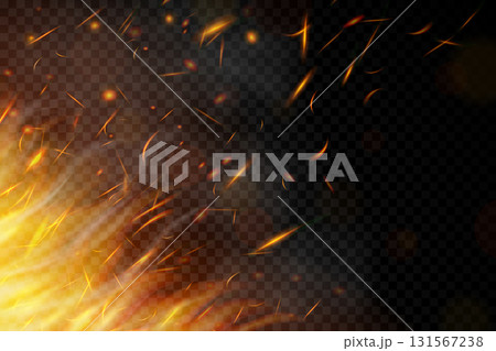 Fire. Fire sparks flying up on transparent background. Smoke and glowing particles on black. Realistic lighting sparks with bokeh effect for design. Vector illustration. 131567238