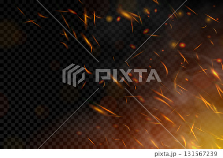 Fire. Fire sparks flying up on transparent background. Smoke and glowing particles on black. Realistic lighting sparks with bokeh effect for design. Vector illustration. Fire. Fire sparks flying up on transparent background. Smoke and glowing particles on black. Realistic lighting sparks with bokeh effect for design. Vector illustration. 131567239