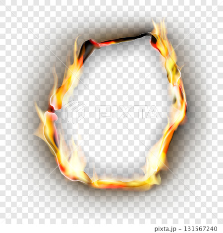 Burning torn hole in paper sheet with brown edges and flames . Vector realistic illustration on transparent background Burning torn hole in paper sheet with brown edges and flames . Vector realistic illustration on transparent background 131567240