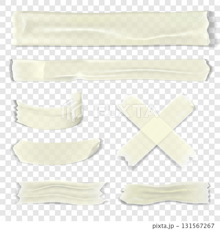 close up of pieces of adhesive tape on transparent background, realistic 3d vector illustration 131567267