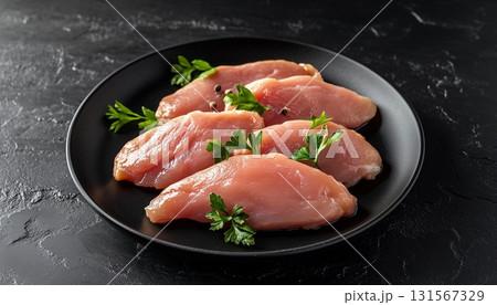 Fresh organic chicken steak slices un cook for make frying grill on black plate 131567329