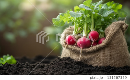 Organic red radish pile on sack eco bag from knitted dry plant in soil agriculture land 131567359
