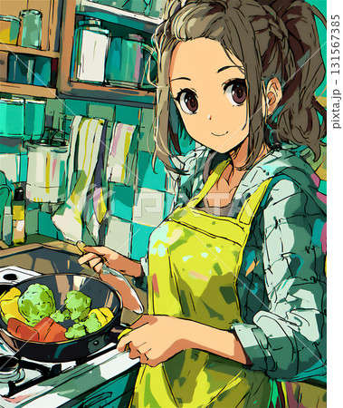 キッチンで料理を楽しむ女性のイラスト 131567385