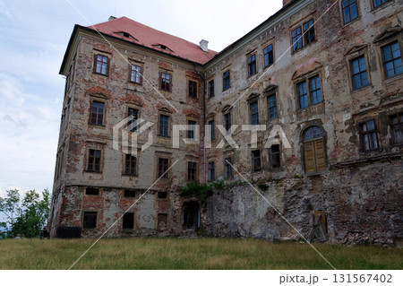 Jezeri Castle near Czechoslovak army coal mine, Horni Jiretin, Most district, Ustecky region, Czech Republic, sunny summer day 131567402