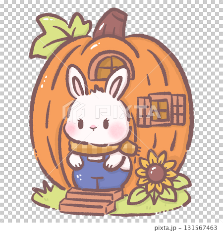 Kawaii bunny character cute chibi rabbit wearing plaid scarf and overalls standing at door of pumpkin house with sunflower autumn farmhouse illustration for stickers greeting cards and crafts Kawaii bunny character cute chibi rabbit wearing plaid scarf and overalls standing at door of pumpkin house with sunflower autumn farmhouse illustration for stickers greeting cards and crafts 131567463