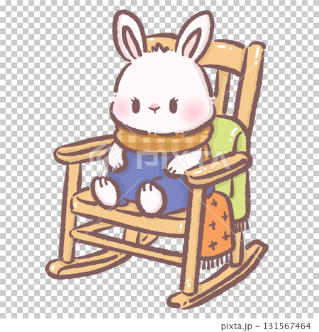 Cute bunny sitting on cozy farmhouse rocking chair with fall blanket kawaii autumn animal illustration cozy fall clipart for kids and family designs 131567464