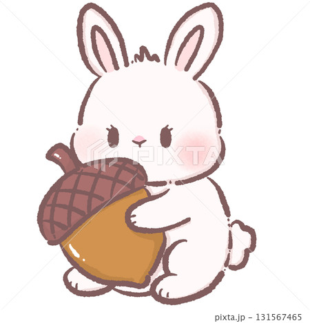 Kawaii bunny character cute chibi rabbit hugging giant acorn autumn woodland illustration for fall stickers greeting cards invitations farmhouse decor and crafts 131567465
