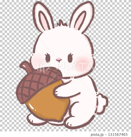 Kawaii bunny character cute chibi rabbit hugging giant acorn autumn woodland illustration for fall stickers greeting cards invitations farmhouse decor and crafts 131567465