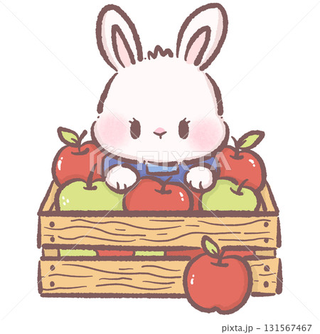 Kawaii bunny character cute chibi rabbit wearing overalls sitting in wooden crate filled with red and green apples autumn harvest illustration for stickers greeting cards and crafts Kawaii bunny character cute chibi rabbit wearing overalls sitting in wooden crate filled with red and green apples autumn harvest illustration for stickers greeting cards and crafts 131567467