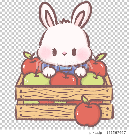 Kawaii bunny character cute chibi rabbit wearing overalls sitting in wooden crate filled with red and green apples autumn harvest illustration for stickers greeting cards and crafts Kawaii bunny character cute chibi rabbit wearing overalls sitting in wooden crate filled with red and green apples autumn harvest illustration for stickers greeting cards and crafts 131567467