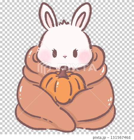 Kawaii bunny character cute chibi rabbit wrapped in cozy blanket holding pumpkin autumn farmhouse illustration for fall stickers greeting cards invitations and crafts Kawaii bunny character cute chibi rabbit wrapped in cozy blanket holding pumpkin autumn farmhouse illustration for fall stickers greeting cards invitations and crafts 131567468