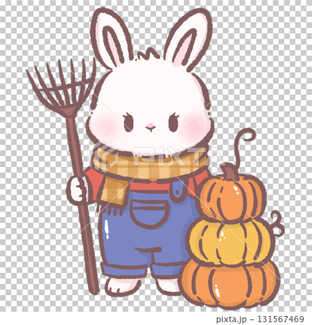 Kawaii bunny character cute chibi rabbit wearing plaid scarf and overalls holding rake beside stacked pumpkins autumn harvest illustration for stickers greeting cards invitations and crafts Kawaii bunny character cute chibi rabbit wearing plaid scarf and overalls holding rake beside stacked pumpkins autumn harvest illustration for stickers greeting cards invitations and crafts 131567469