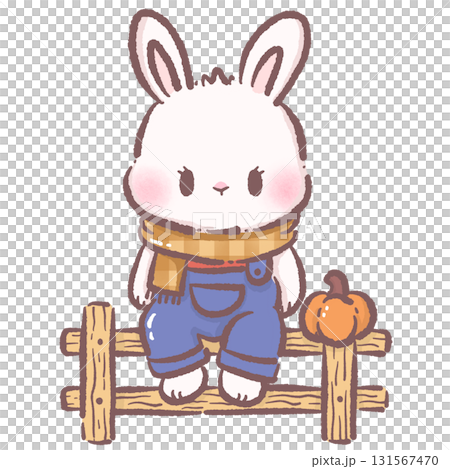 Kawaii bunny character cute chibi rabbit wearing plaid scarf and overalls sitting on wooden fence with small pumpkin autumn farmhouse illustration for stickers greeting cards and crafts 131567470