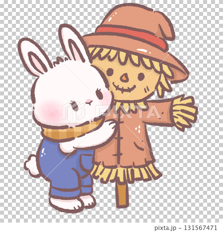 Kawaii bunny character cute chibi rabbit wearing plaid scarf and overalls hugging friendly scarecrow autumn farmhouse illustration for stickers greeting cards invitations and crafts 131567471