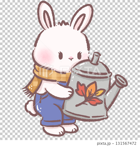 Kawaii bunny character cute chibi rabbit wearing plaid scarf and overalls holding watering can decorated with autumn leaves farmhouse fall illustration for stickers greeting cards and crafts 131567472