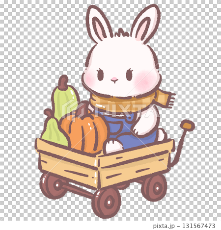 Kawaii bunny character cute chibi rabbit wearing plaid scarf and overalls sitting in wooden wagon with pumpkins and gourds autumn harvest illustration for stickers greeting cards and crafts 131567473