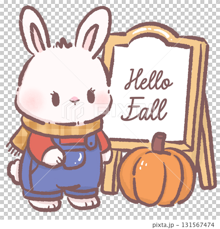 Kawaii bunny character cute chibi rabbit wearing plaid scarf and overalls standing beside hello fall sign and pumpkin autumn illustration for stickers greeting cards and crafts Kawaii bunny character cute chibi rabbit wearing plaid scarf and overalls standing beside hello fall sign and pumpkin autumn illustration for stickers greeting cards and crafts 131567474