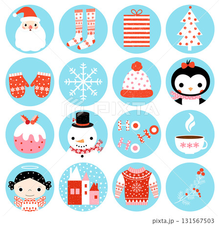 Cute vector winter round icons with Christmas symbols in blue circles for stickers 131567503