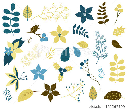 Winter and Christmas foliage with flowers, twigs and leaves in blue and gold green colors 131567509