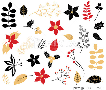Elegant winter foliage set - leaves, flowers, berries and branches in red, black and gold colors 131567510