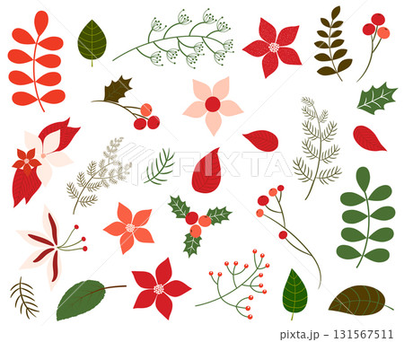 Vector set of Christmas foliage in green and red colors - leaves, winter flowers, floral elements, poinsettia in flat style for greeting cards and invitations Vector set of Christmas foliage in green and red colors - leaves, winter flowers, floral elements, poinsettia in flat style for greeting cards and invitations 131567511