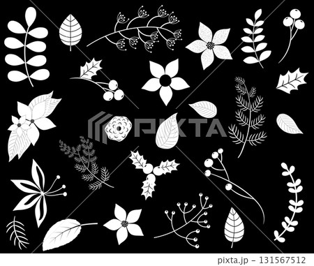 Vector winter foliage silhouettes with white flowers, leaves, branches and berries on black background Vector winter foliage silhouettes with white flowers, leaves, branches and berries on black background 131567512