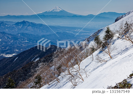 冬の八ヶ岳連峰・赤岳稜線から見る富士山 131567549