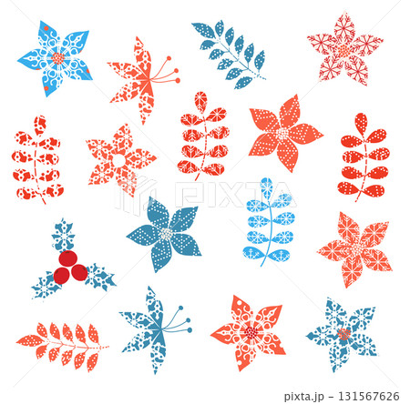Winter and Christmas stylized decorative leaf designs with snowflake texture 131567626