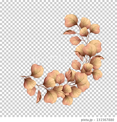 Hand-drawn illustration of pale beige autumn leaves arranged in decorative corner or half-wreath shape 131567880