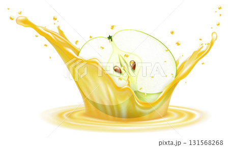 Half apple in transparent splash of juice, isolated on white background. Realistic 3D vector. Editable handmade mesh 131568268