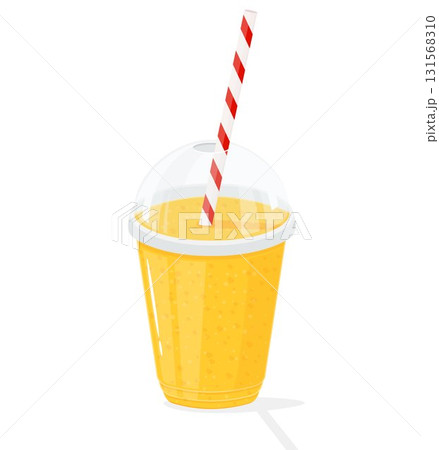 Plastic transparent cups for smoothie with striped pipe. Fresh lemonade, orange juice or smoothie in a plastic cup, vector flat cartoon style 131568310