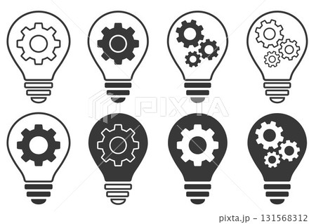 Set of Light bulbs with cog or gear sign. Idea outline icon. Innovation icon in flat style. Idea business concept. Vector outline icon 131568312