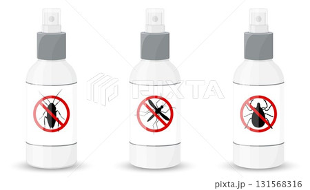 Bottle with sprayer against cockroaches, mosquitoes, ticks, isolated on white background. vector flat illustration Bottle with sprayer against cockroaches, mosquitoes, ticks, isolated on white background. vector flat illustration 131568316