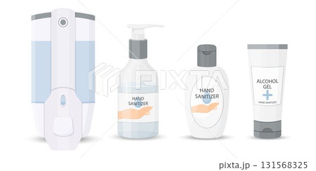 Set of hand sanitiser, bottles, washing gel, spray, liquid soap, medical mask, PPE personal protective equipment. Disinfection. Hygiene. Vector flat illustration Set of hand sanitiser, bottles, washing gel, spray, liquid soap, medical mask, PPE personal protective equipment. Disinfection. Hygiene. Vector flat illustration 131568325