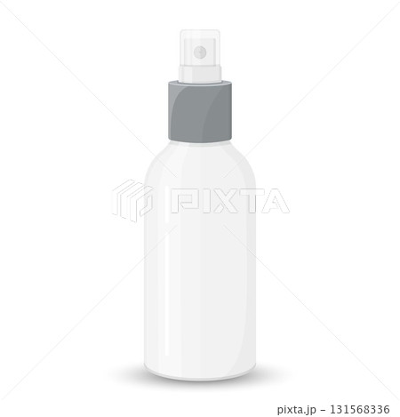 White empty spray bottle with transparent cap, cosmetic package, vector template for advertising, mockup isolated on white background. Vector flat illustration White empty spray bottle with transparent cap, cosmetic package, vector template for advertising, mockup isolated on white background. Vector flat illustration 131568336